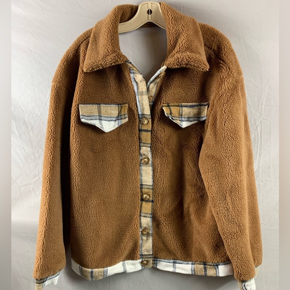 Plaid Panel Drop Shoulder Teddy Coat - Picture 8 of 8